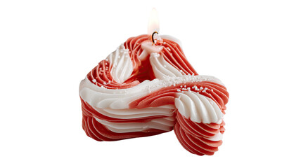 decorative red and white twisted candle with burning flame on white background symbolizing celebration warmth and festive ambiance 