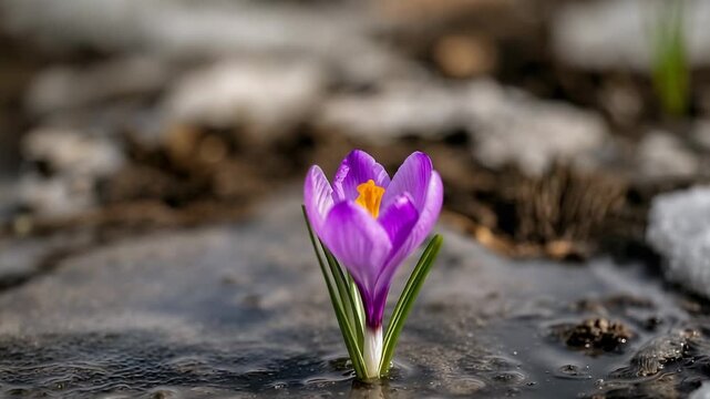 Opening single purple crocus responding to meltwater at garden patch, revealing yellow stigma