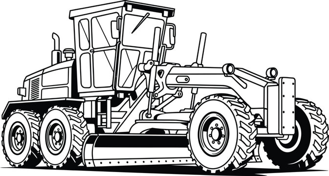Detailed black and white line art illustration of a heavyduty motor grader construction vehicle.