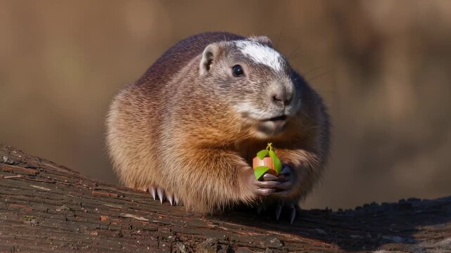 Finding green sprout, nibbling brown groundhog using forepaws on fallen log at forest edge, pausing