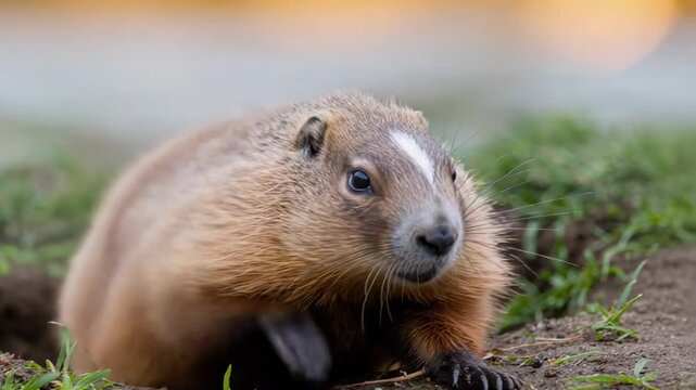 Sniffing juvenile rodent pushing out from burrow entrance in meadow, showing whiskers and foreclaws