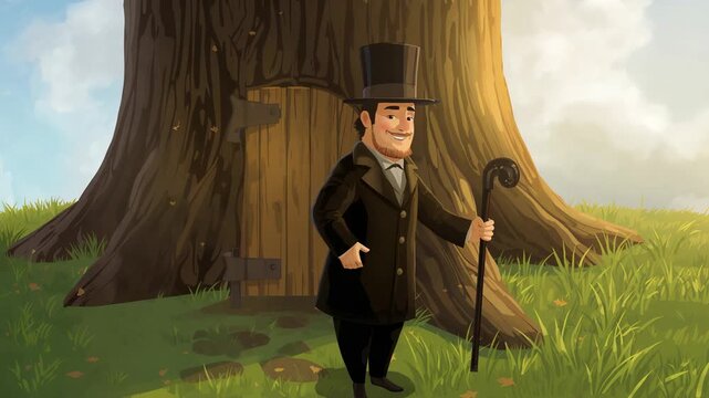 Spotting tree door, dapper tophat man walking at base of tree to inspect, adjusting cane