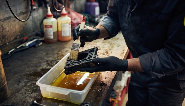 Mechanic cleaning a metal engine part with a brush in a workshop, automotive repair and maintenance, industrial service and technical skill