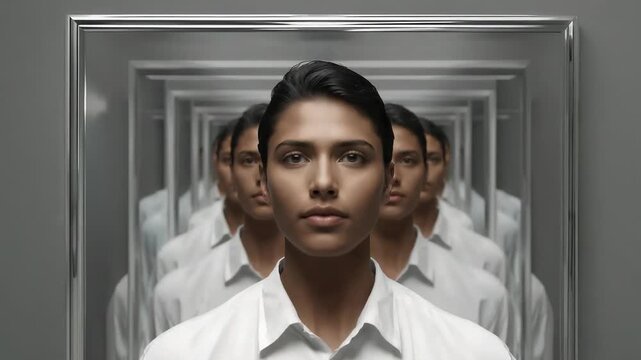 Shifting studio lights revealing, shading woman in studio, silver mirror, white collared shirt