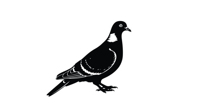 a striking black and white silhouette of a pigeon in flight against a plain background