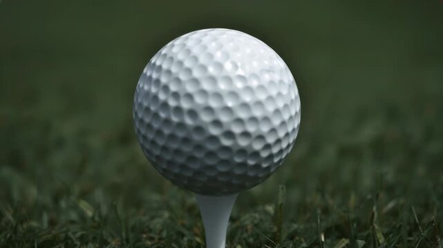 Sitting white dimpled golf ball on white tee over short grass, camera stabilizing for swing prep
