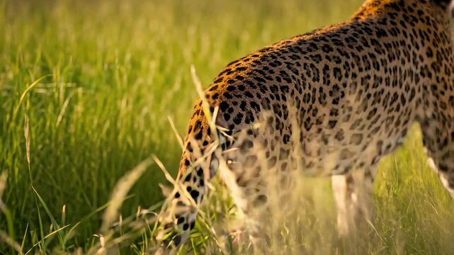 Moving leopard entering left, crossing tall grass, sunlight highlighting spotted rump and tail