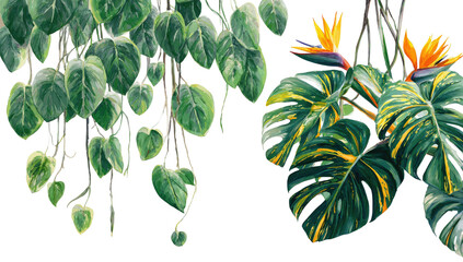Two vibrant, tropical plants.  Hanging leaves,  vivid colors,  lush foliage