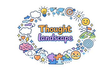 Naklejka premium Thought landscape. Hand drawn illustration of Thought landscape. abstract brain, hills and paths, arrows,