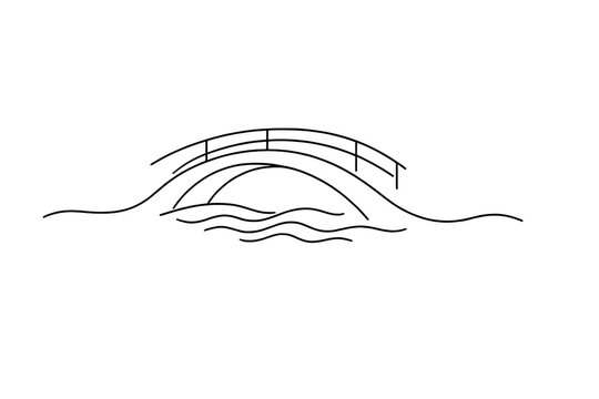 River flow crossing. Minimalistic one-line drawing curved bridge above gentle water flow indicated by soft