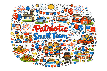 Obraz premium Patriotic Small Town. Hand-drawn doodle illustration of Patriotic Small Town. small town houses, fireworks,