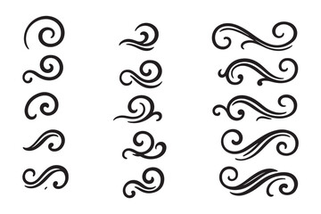 Black swooshes and swirls with text swash elements. Vector typography designs on white background. Text underline decoration set with decorative flourishes and artistic calligraphy ornament collection