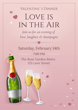 Romantic Dinner Invitation Template with Champagne Bottle and Glasses in Nude Blush and Dusty Rose Pink Accents for Valentine&rsquo;s Day, Wedding, or Anniversary
