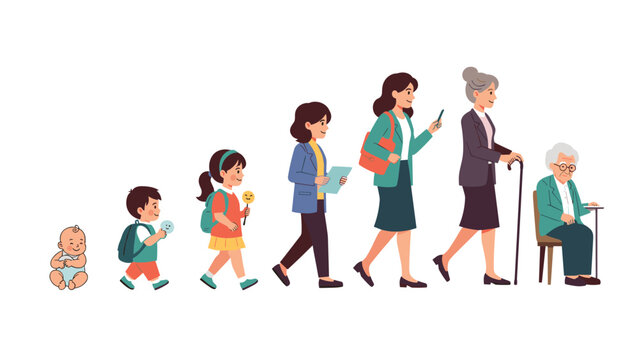 Linear illustration showing the life cycle and stages of a woman from infancy and childhood to adulthood and old age.