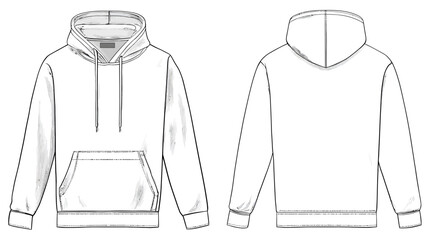 Blank white hoodie template front and back view. Fashion design sketch for men's or women's pullover hooded sweatshirt, apparel mockup.