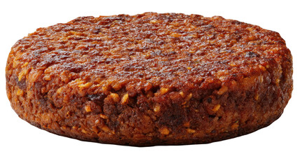 cooked beef burger patty with crispy surface texture showing savory meat detail isolated on white background for food concept