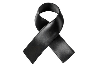 A black ribbon.  A glossy, black ribbon in a  bow shape, against a black background.  Focus on the ribbon's texture and form