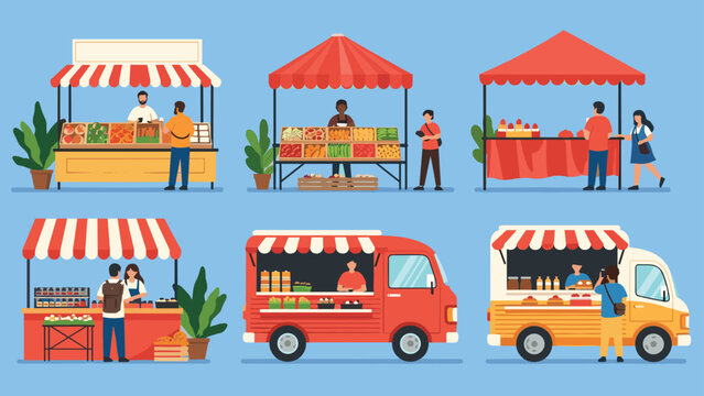 Variety of outdoor market stalls and food trucks with vendors and customers in a clean flat illustration style.