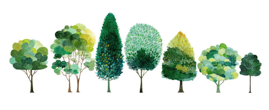 Row of stylized trees in various shades of green