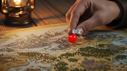 Hand placing red pin on map with future plan label