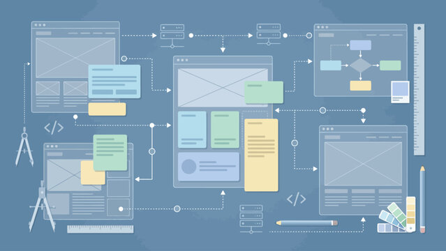 Wireframe and UI/UX design elements illustrating website and application development process.