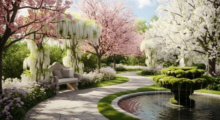 Fototapeta premium Serene garden scene with blooming flowers and pond viewed from a winding path