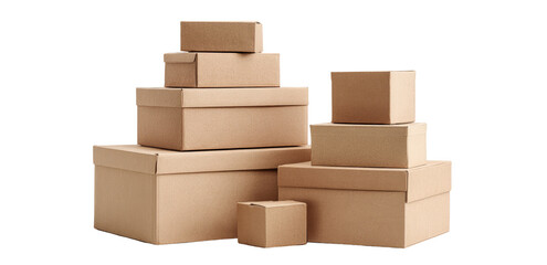 Stacked, light beige cardboard boxes of various sizes
