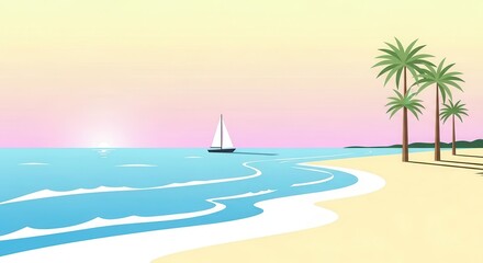 Naklejka premium Serene coastal landscape depicts a sailboat gliding across calm ocean waters near a sandy shore with palm trees.