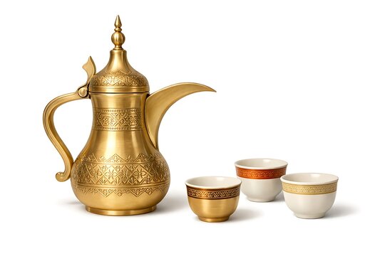Traditional arabic coffee set with golden jug and cups