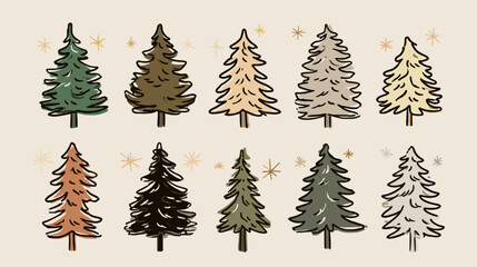 Obraz premium Hand-Drawn Rustic Evergreen Trees Illustration Set. Whimsical Boho Pine Forest Elements for Winter Holidays and Nature Designs