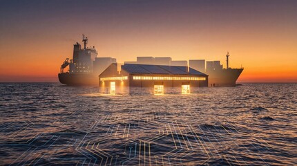 Fototapeta premium An impressive scene, a cargo ship floating in the ocean waters. With a building structure integrated into it. The image showcasing the fusion of architecture, and the ocean view. 