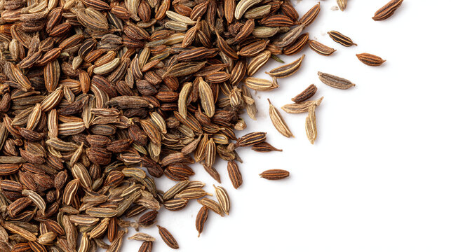 A pile of cumin seeds scattered on a plain white surface