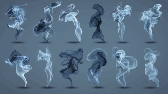 Dynamic abstract smoke plumes and vapor wisps set. Mystical gas texture, flowing transparent grey design elements collection.