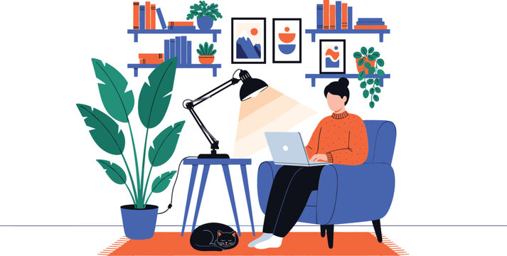 Woman working on laptop at home in cozy living room with cat plants bookshelves and desk lamp, vector