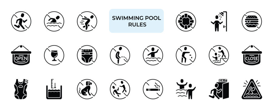 Swimming Pool Rules Icon set Collection in Solid Glyph Style. swimming, pool, rules, safety, warning, instruction
