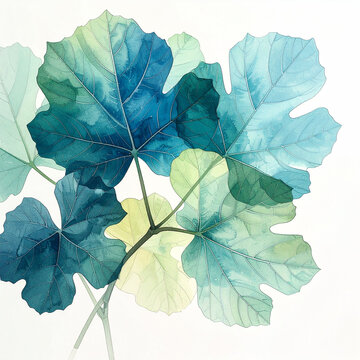 Watercolor painting of large fig leaves in shades of teal and green on a white background