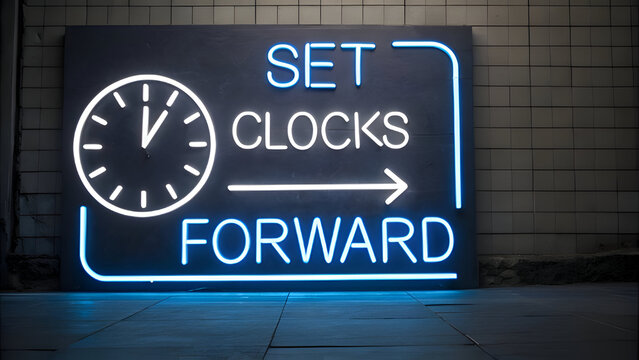 Set clocks forward neon sign illuminating the concept of daylight saving time