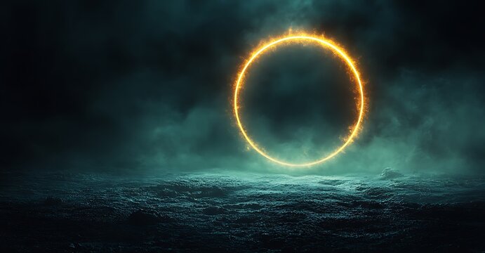 Glowing orange ring in a dark, misty, textured environment abstract ancient