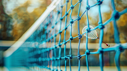 Blue tennis racket hanging on chain link fence with autumn leaves background outdoor sports equipment leisure activity