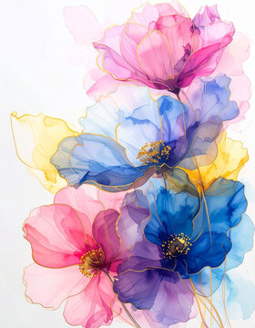 Vibrant watercolor poppies with delicate gold outlines on a white background
