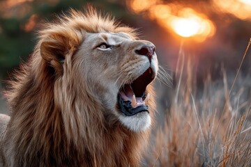 Fototapeta premium Majestic Lion Roaring at Golden Sunset in African Savanna