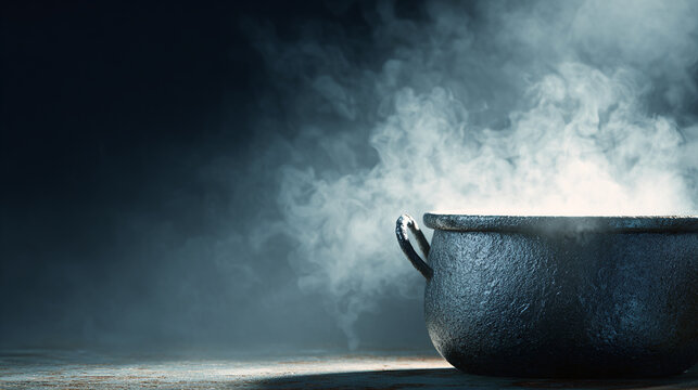 A large black cauldron with steam rising from it on a dark background