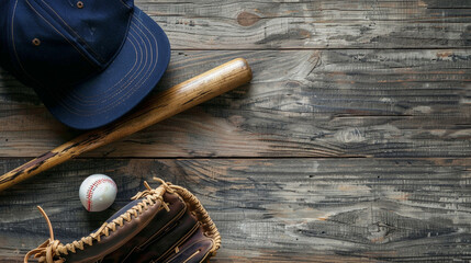 Baseball cap, bat, ball, and glove on rustic wooden table for sports training and summer outdoor activities
