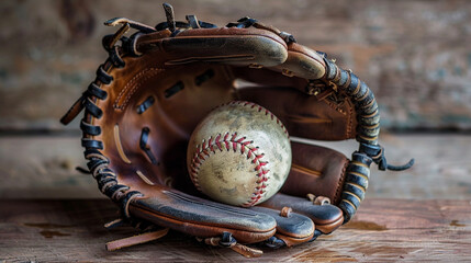 Baseball glove with ball inside on wooden bench vintage sports equipment close-up texture background