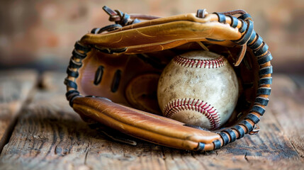 Baseball Glove Holding a Ball on Rustic Wooden Surface, Soft Lighting, Vintage Aesthetic