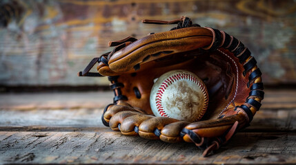 Baseball Glove Holding Ball on Rustic Wooden Surface, Vintage Sports Equipment