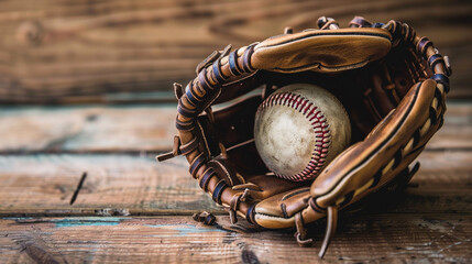 Baseball Glove Holding Ball on Rustic Wooden Background, Sports Equipment, Vintage Style