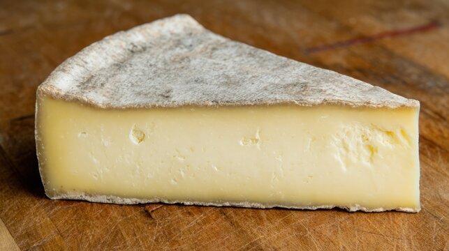 A sliced Tomme cheese displays its dense, pale yellow interior. Specially designed for cooking blogs and restaurant recipe cards, for laboratory technicians to use.