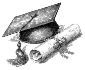 Vintage graduation cap and diploma.  Detailed black and white image of a graduation cap and diploma,  showing ornate design elements