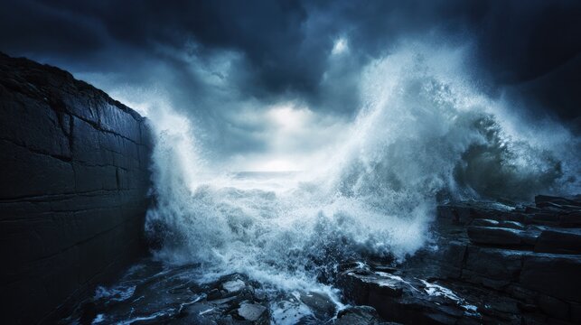 A massive ocean wave crashing against dark coastal rocks during a storm. travel magazines, destination branding, designed for outdoor magazines and nature guides, inspires travel planning.